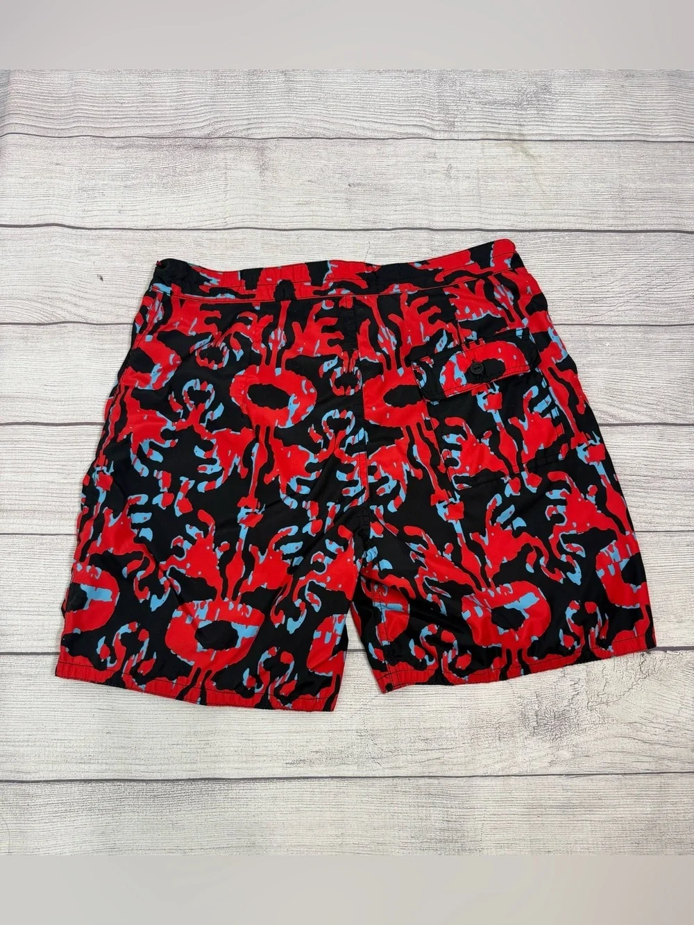 Rowley Macnamara Red Black Crab Print Swim Trunks Board Shorts Size M